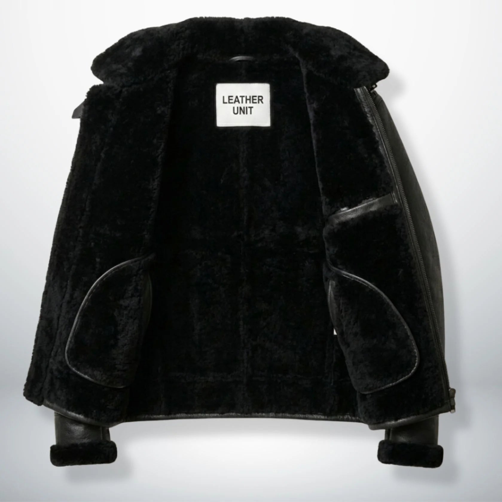 inside view mens black leather b3 jacket with full faux shearling lining.