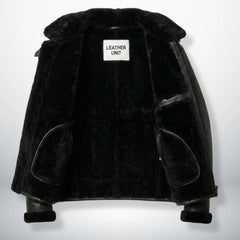 inside view mens black leather b3 jacket with full faux shearling lining.