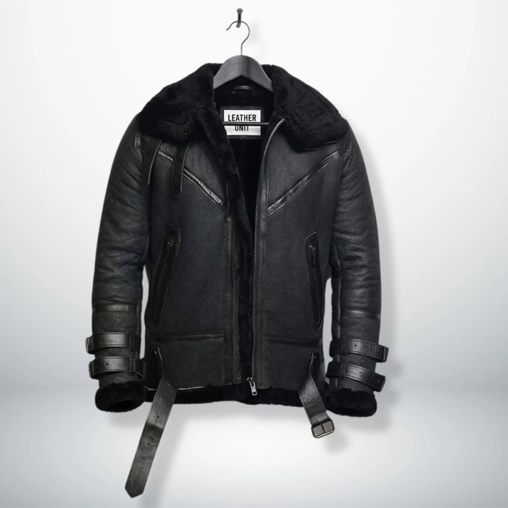 front view mens black b3 shearling bomber aviator leather jacket by Leather Unit.