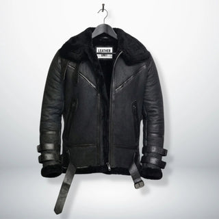 front view mens black b3 shearling bomber aviator leather jacket by Leather Unit.