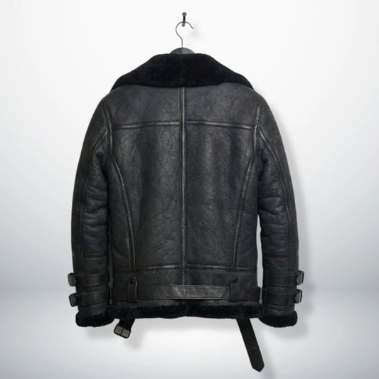 back view mens black b3 aviator leather jacket with shearling hem.