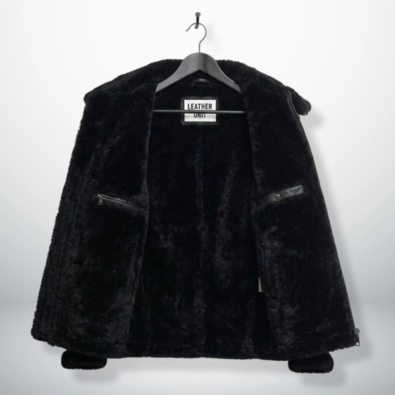 interior mens black shearling bomber jacket fully lined with faux fur.