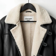 Close up of shearling collar and Leather Unit label on Bane coat