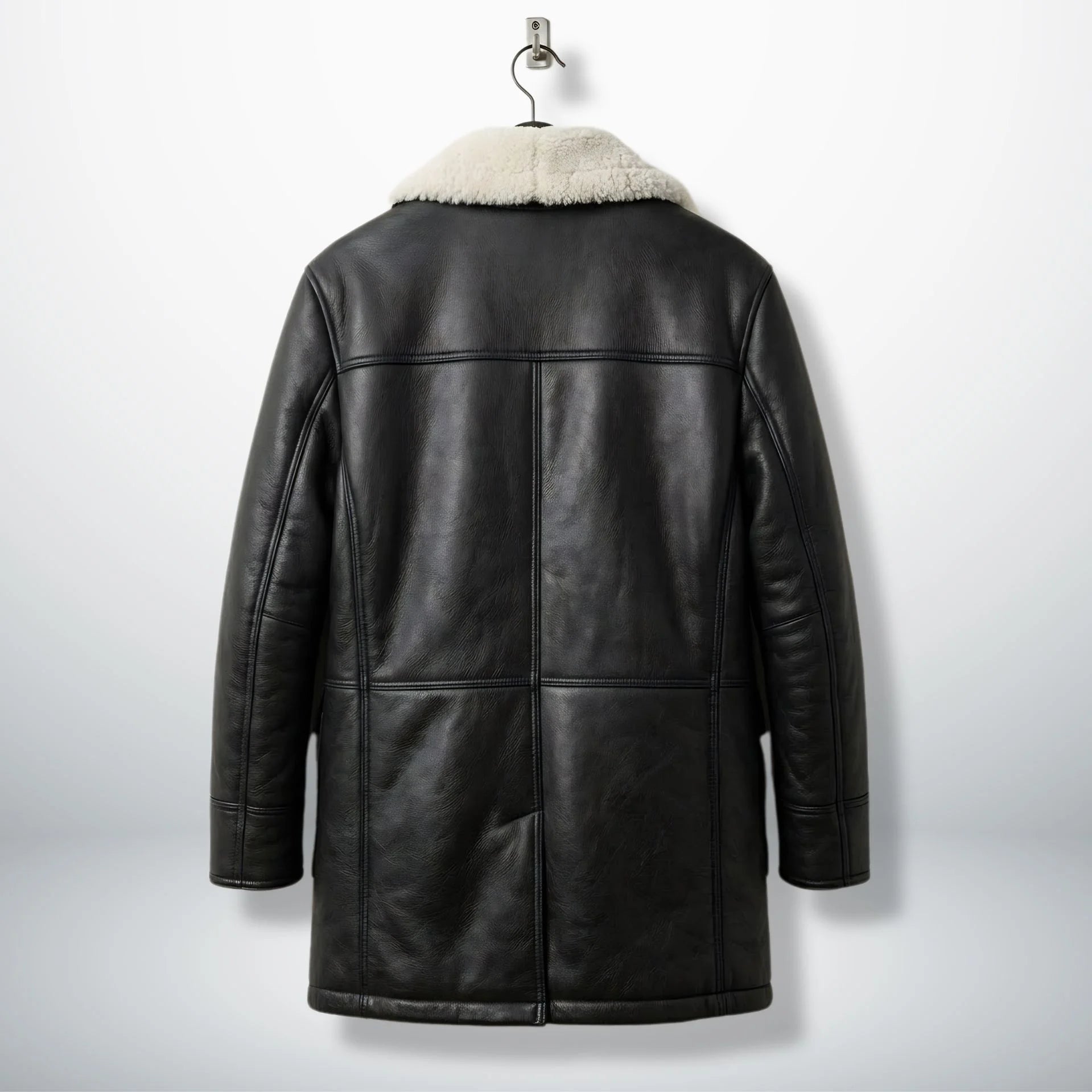 Back view of men’s black sherpa lined leather winter coat