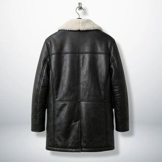 Back view of men’s black sherpa lined leather winter coat