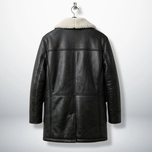 Back view of men’s black sherpa lined leather winter coat