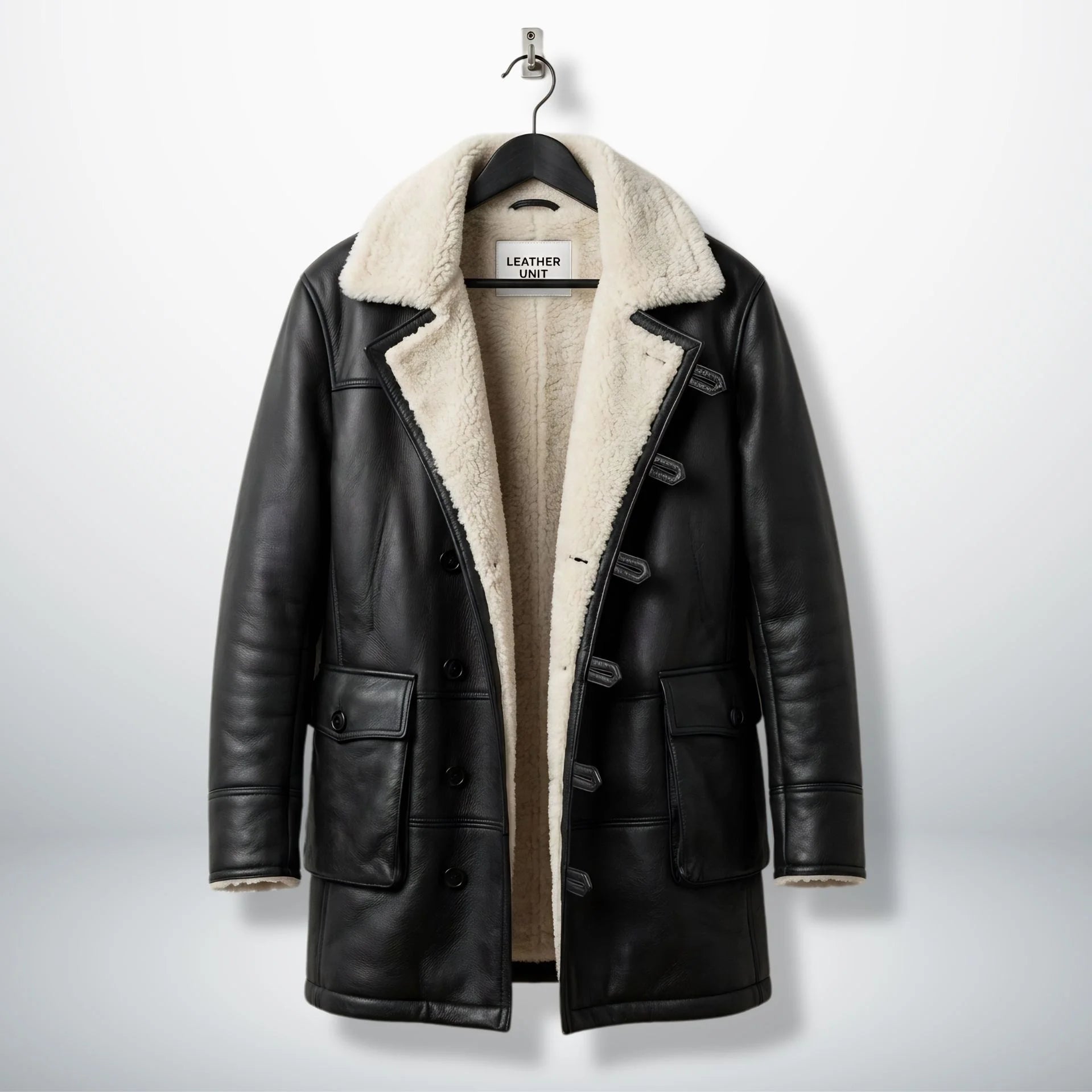 Front view of men’s long black Bane shearling leather coat by Leather Unit