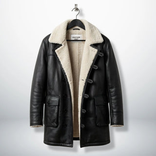 Front view of men’s long black Bane shearling leather coat by Leather Unit