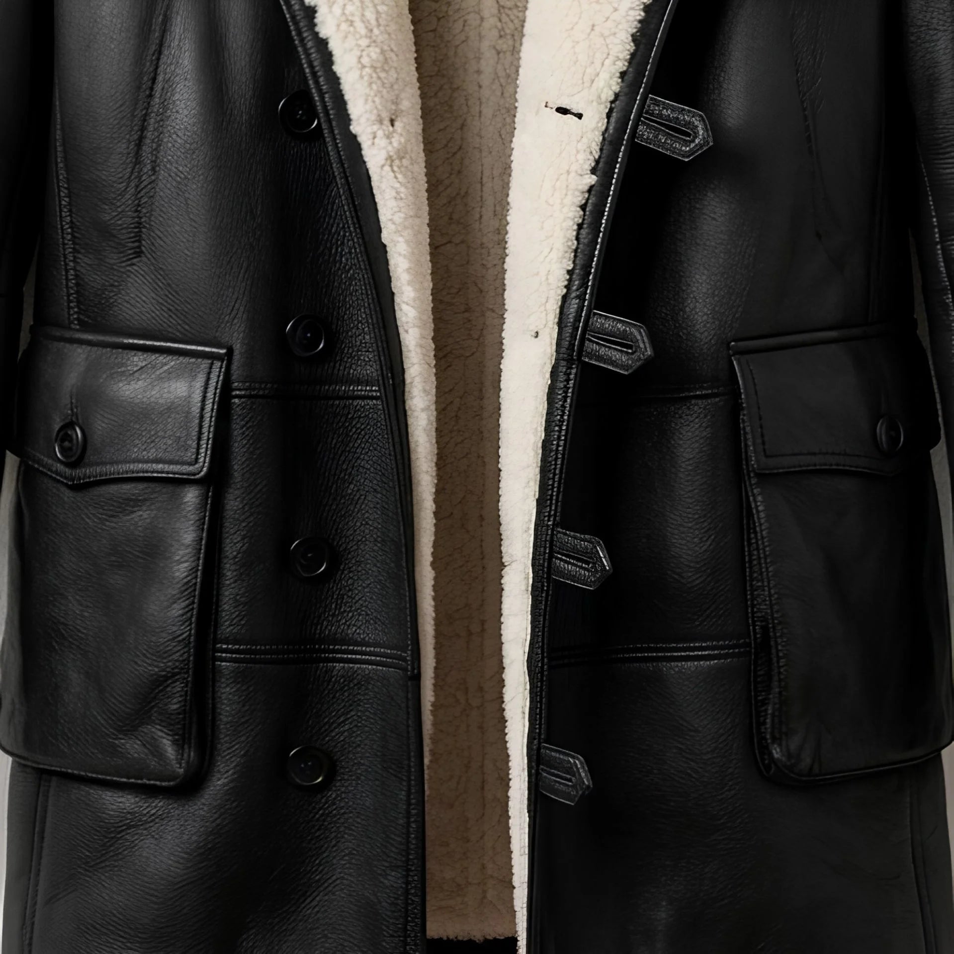 Front pocket and button closure detail on men’s Bane inspired leather coat