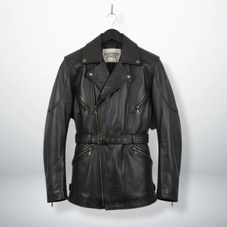front view mens black leather motorcycle coat belted biker jacket by Leather Unit.