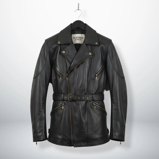 front view mens black leather motorcycle coat belted biker jacket by Leather Unit.