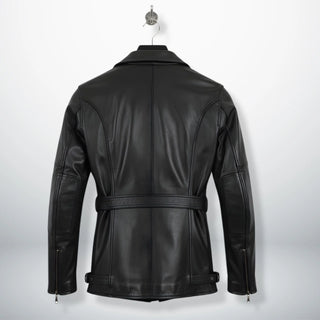 back view mens long black cowhide leather motorcycle coat.