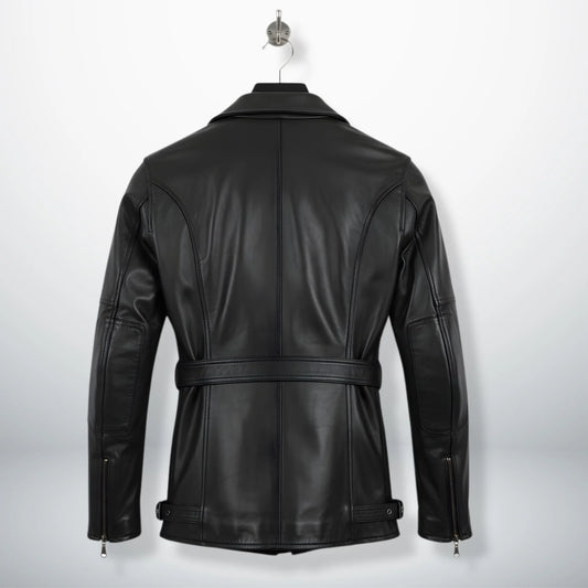back view mens long black cowhide leather motorcycle coat.