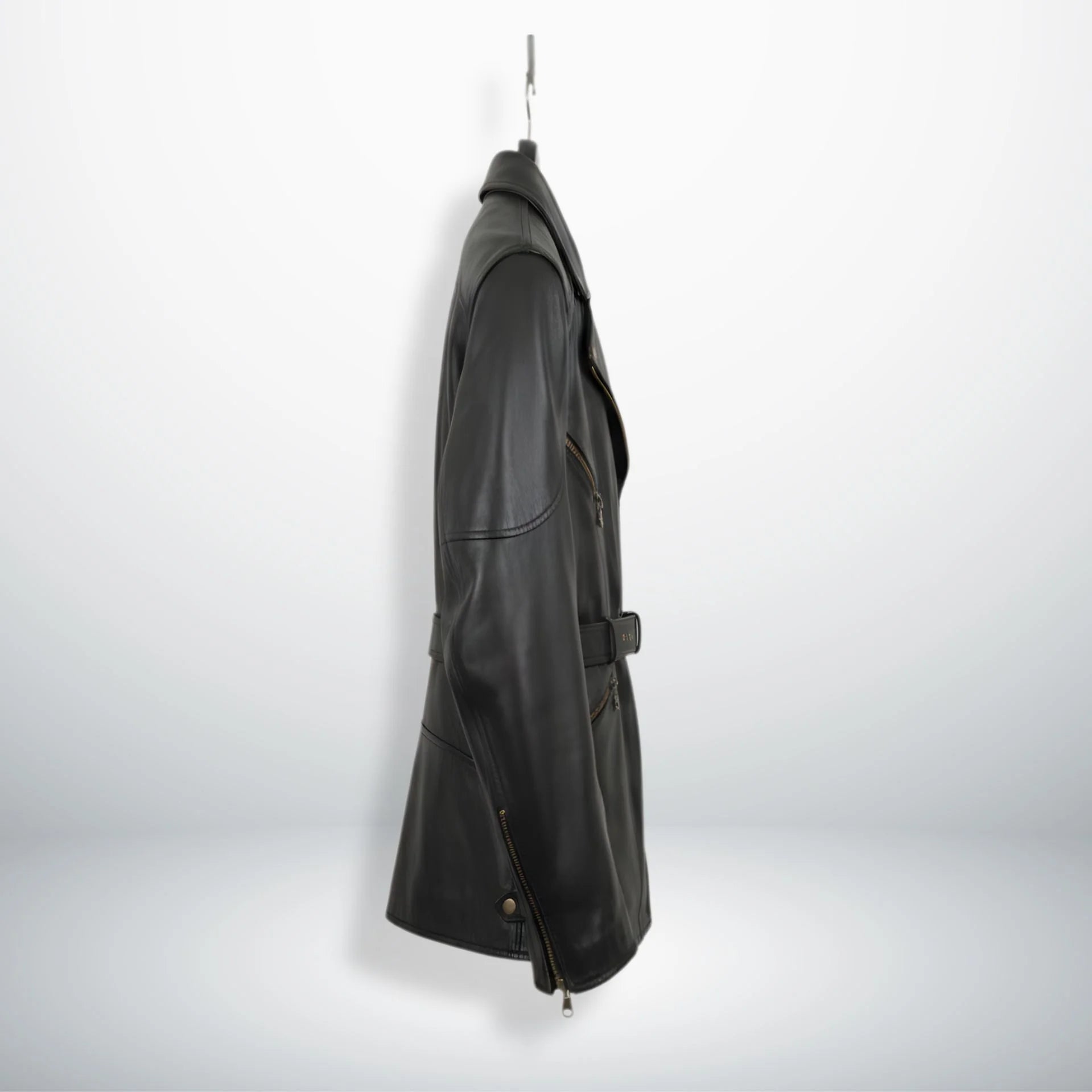 side profile mens black belted biker leather coat hanging on hook.