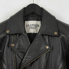 close up collar lapels and snaps on mens black leather motorcycle jacket leather unit label.