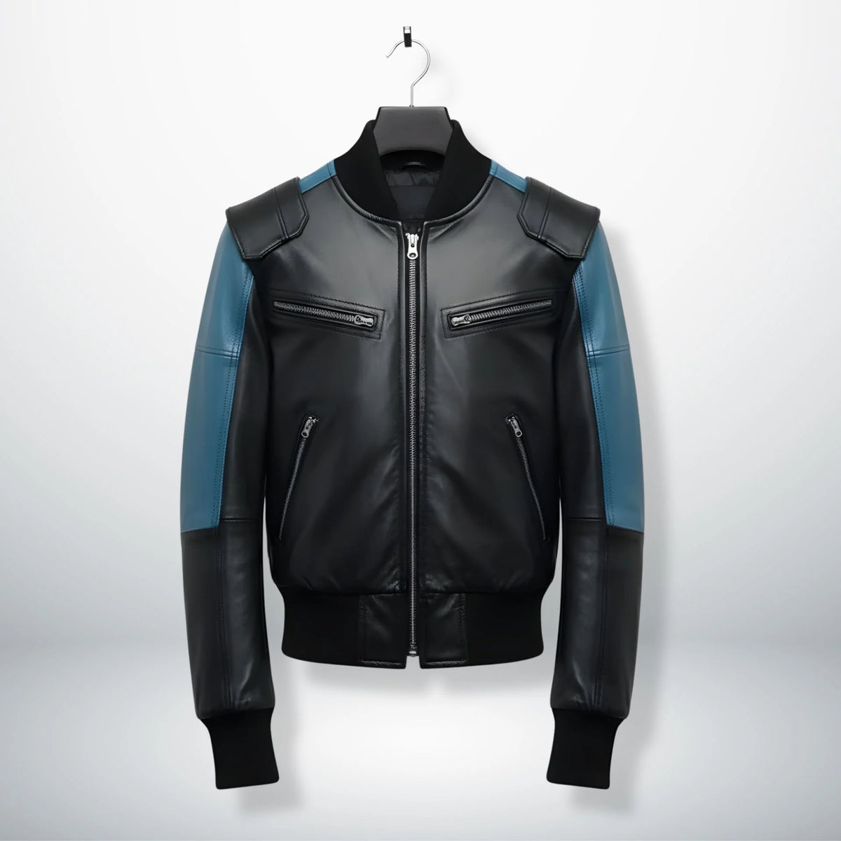 front view mens black and blue bomber leather jacket with zip pockets by Leather Unit.