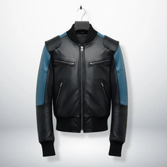 front view mens black and blue bomber leather jacket with zip pockets by Leather Unit.