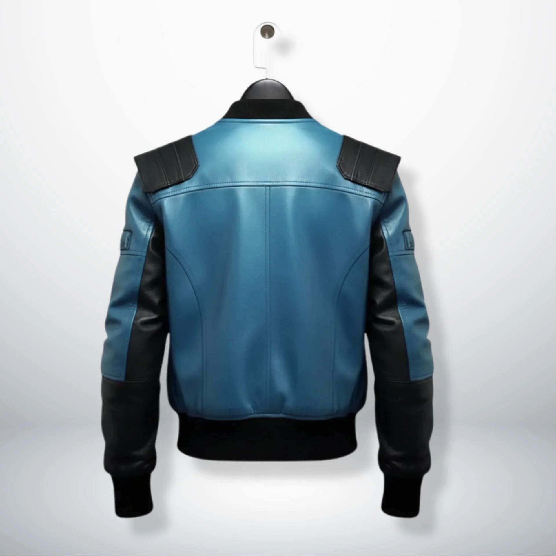 back view mens two tone blue and black leather bomber jacket.
