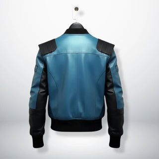 back view mens two tone blue and black leather bomber jacket.