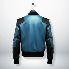 back view mens two tone blue and black leather bomber jacket.