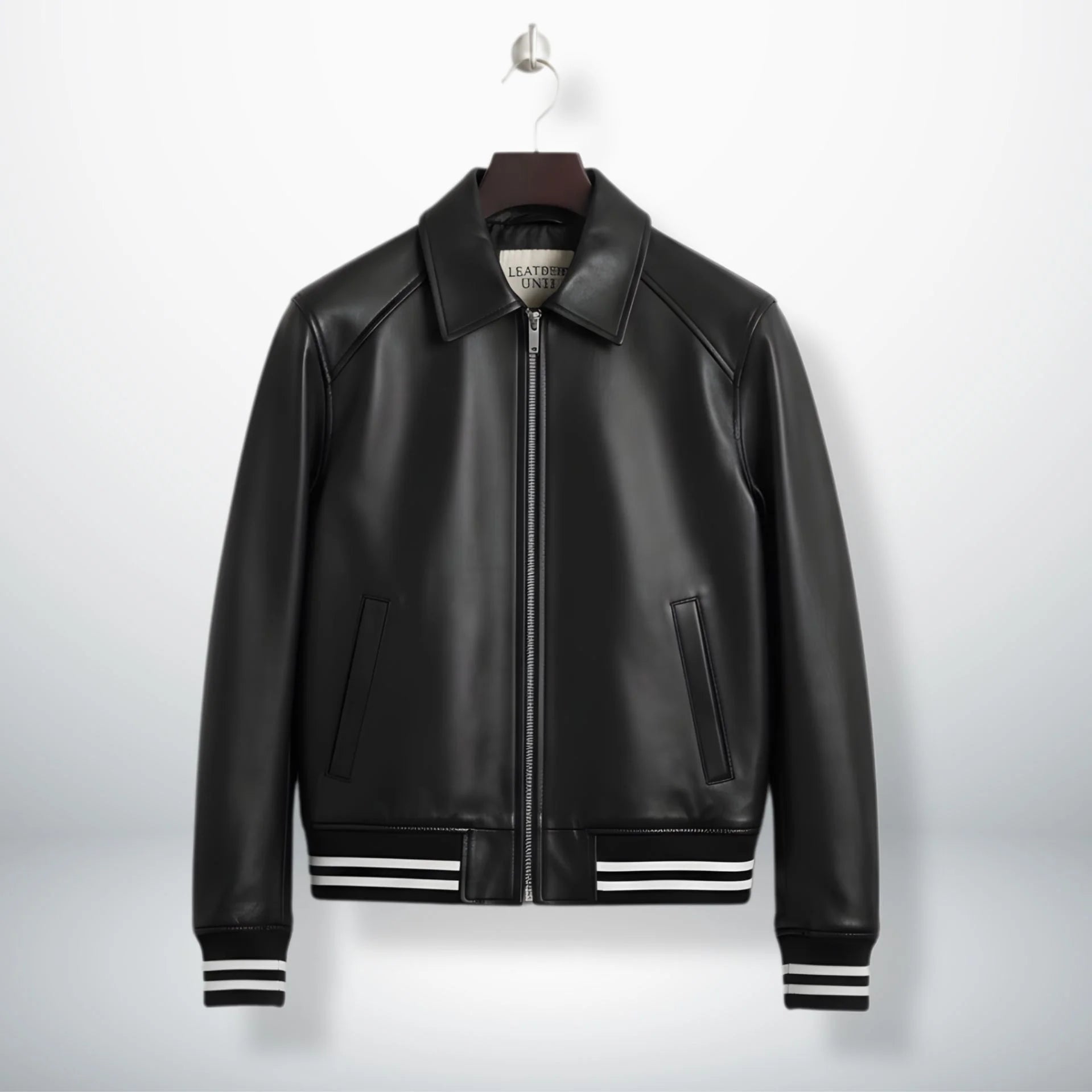 front view mens black bomber leather jacket with striped cuffs by Leather Unit.