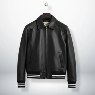front view mens black bomber leather jacket with striped cuffs by Leather Unit.
