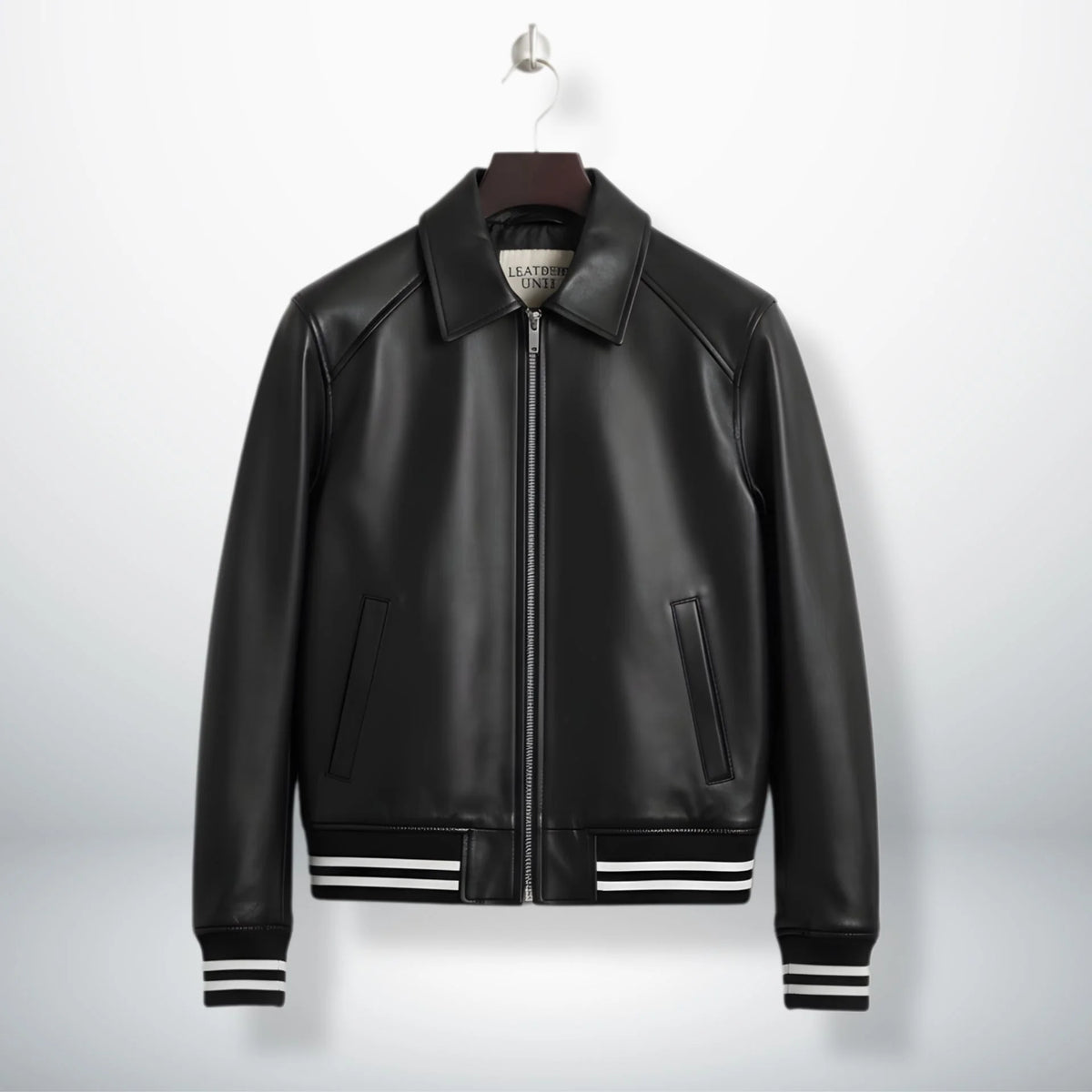 front view mens black bomber leather jacket with striped cuffs by Leather Unit.