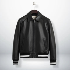front view mens black bomber leather jacket with striped cuffs by Leather Unit.