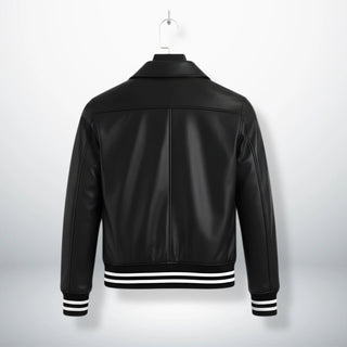 back view mens black genuine leather bomber jacket with striped hem.