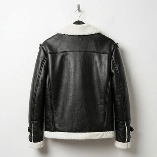 back view mens black faux leather shearling jacket with white hem.