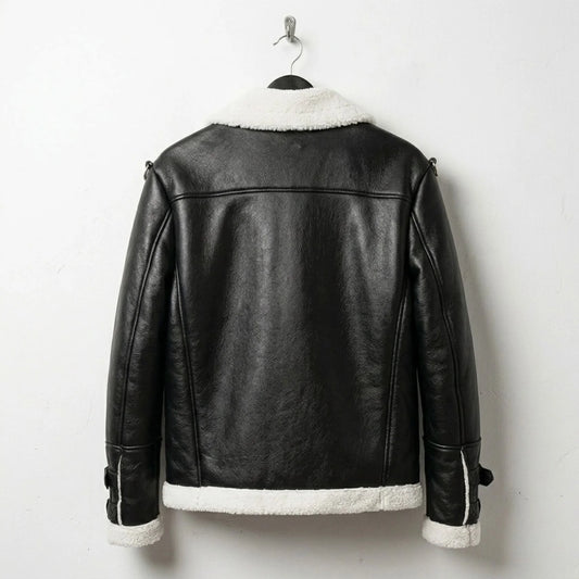 back view mens black faux leather shearling jacket with white hem.