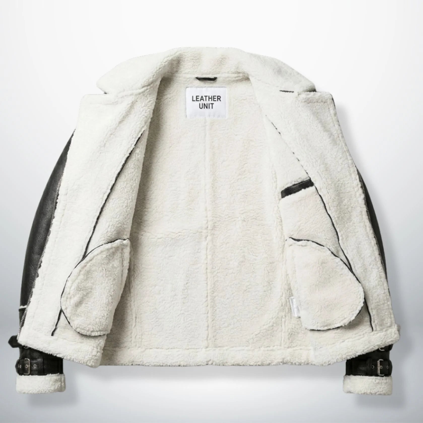 inside view mens black faux shearling jacket fully lined with white sherpa.