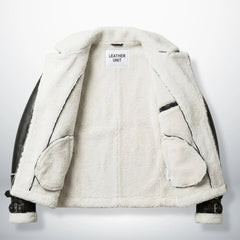 inside view mens black faux shearling jacket fully lined with white sherpa.