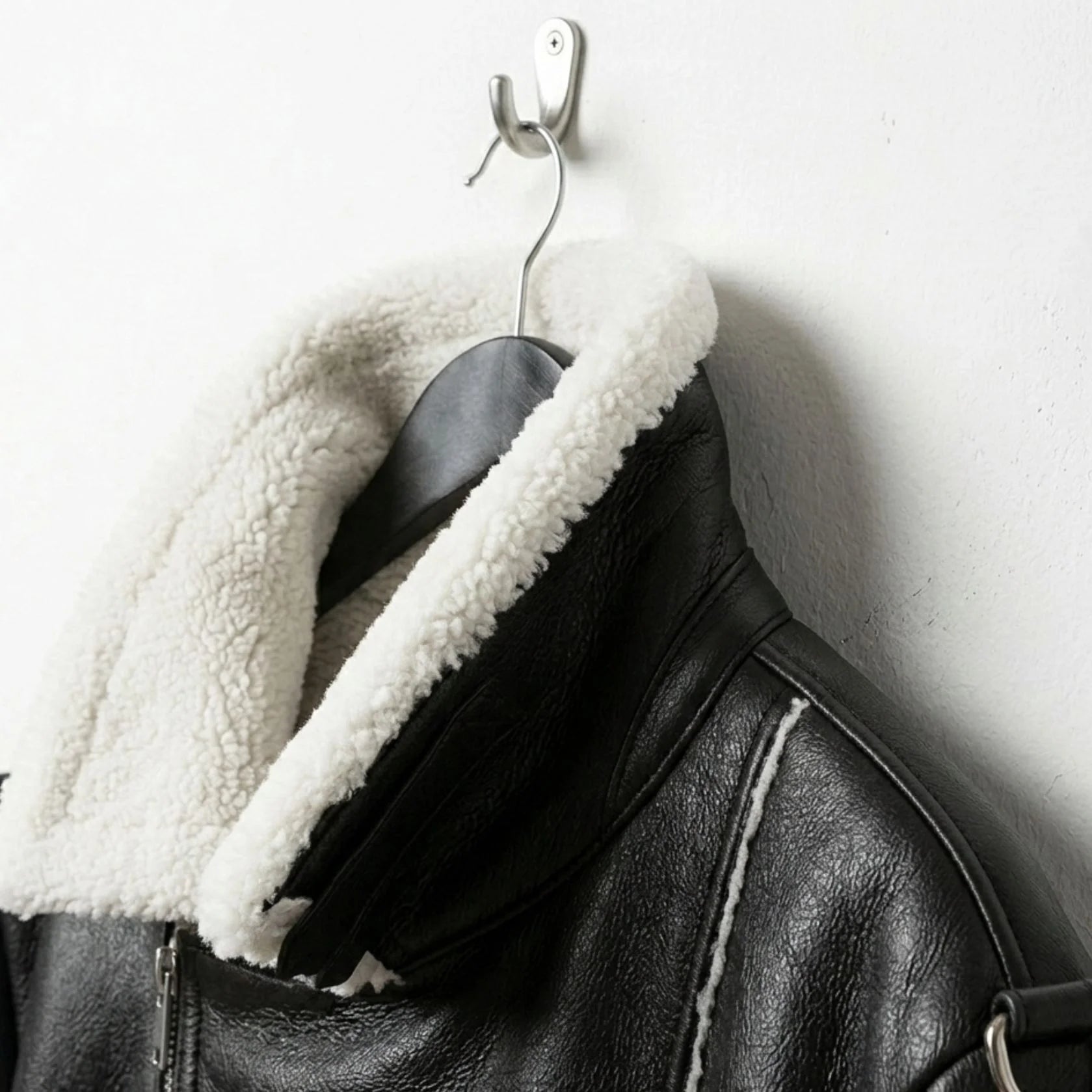 close up white sherpa lapel collar on mens black faux shearling moto jacket.