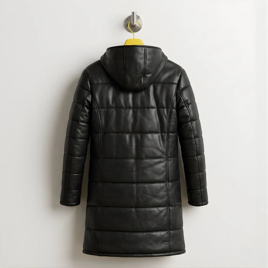 Back view of men's black leather puffer coat with attached hood.