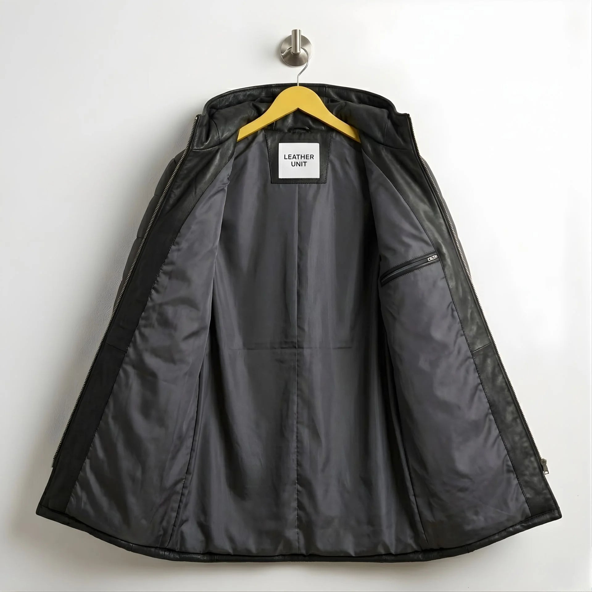 Interior of men's black hooded leather puffer coat showing grey lining and inner zip pocket.