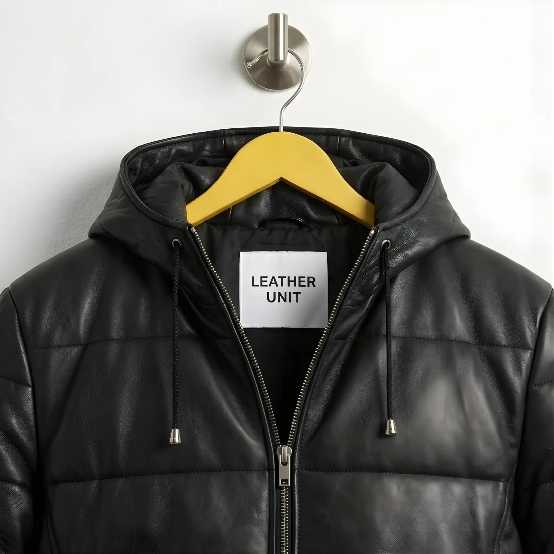 Close up of hood, drawcords and zipper on men's black leather puffer coat.