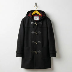 Front view of men's black hooded wool duffle coat with toggles by Leather Unit.