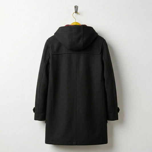 Back view of men's black wool duffle coat with hood.