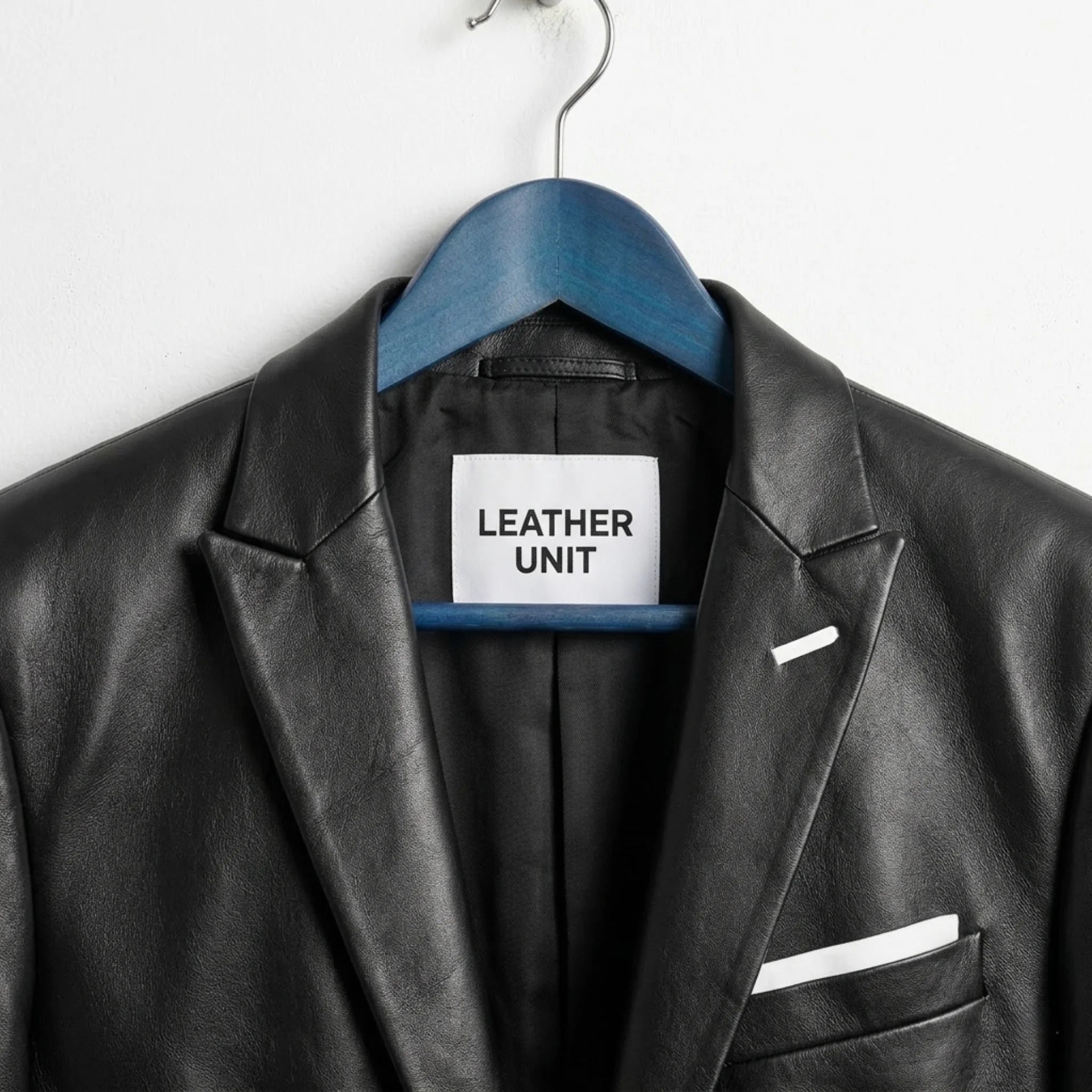 Close up of lapel collar and Leather Unit label on black leather blazer