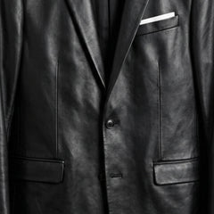 Two‑button front and flap pockets on men’s black leather blazer jacket