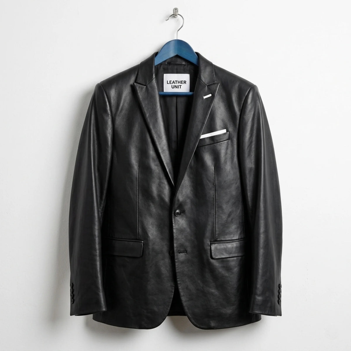 Front view of men’s black lambskin leather blazer by Leather Unit