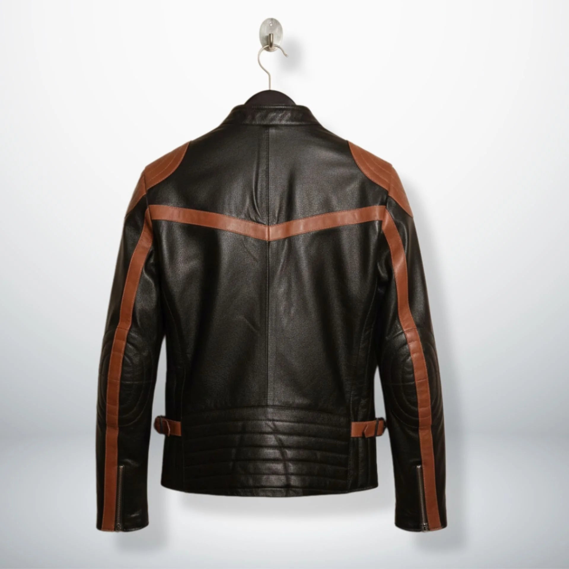 back of men's black and brown striped leather moto jacket with padded hem.