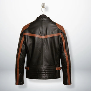 back of men's black and brown striped leather moto jacket with padded hem.