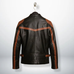 back of men's black and brown striped leather moto jacket with padded hem.