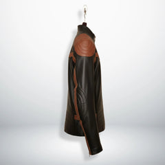 side profile of men's black leather biker jacket with brown stripe sleeves and padded elbows.