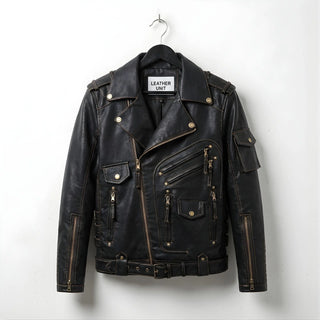 front view of men's black leather biker jacket with multiple zip pockets and belt.