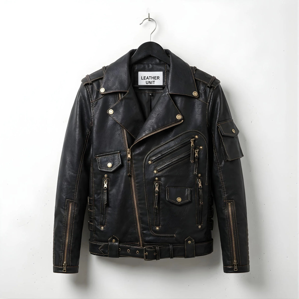 front view of men's black leather biker jacket with multiple zip pockets and belt.