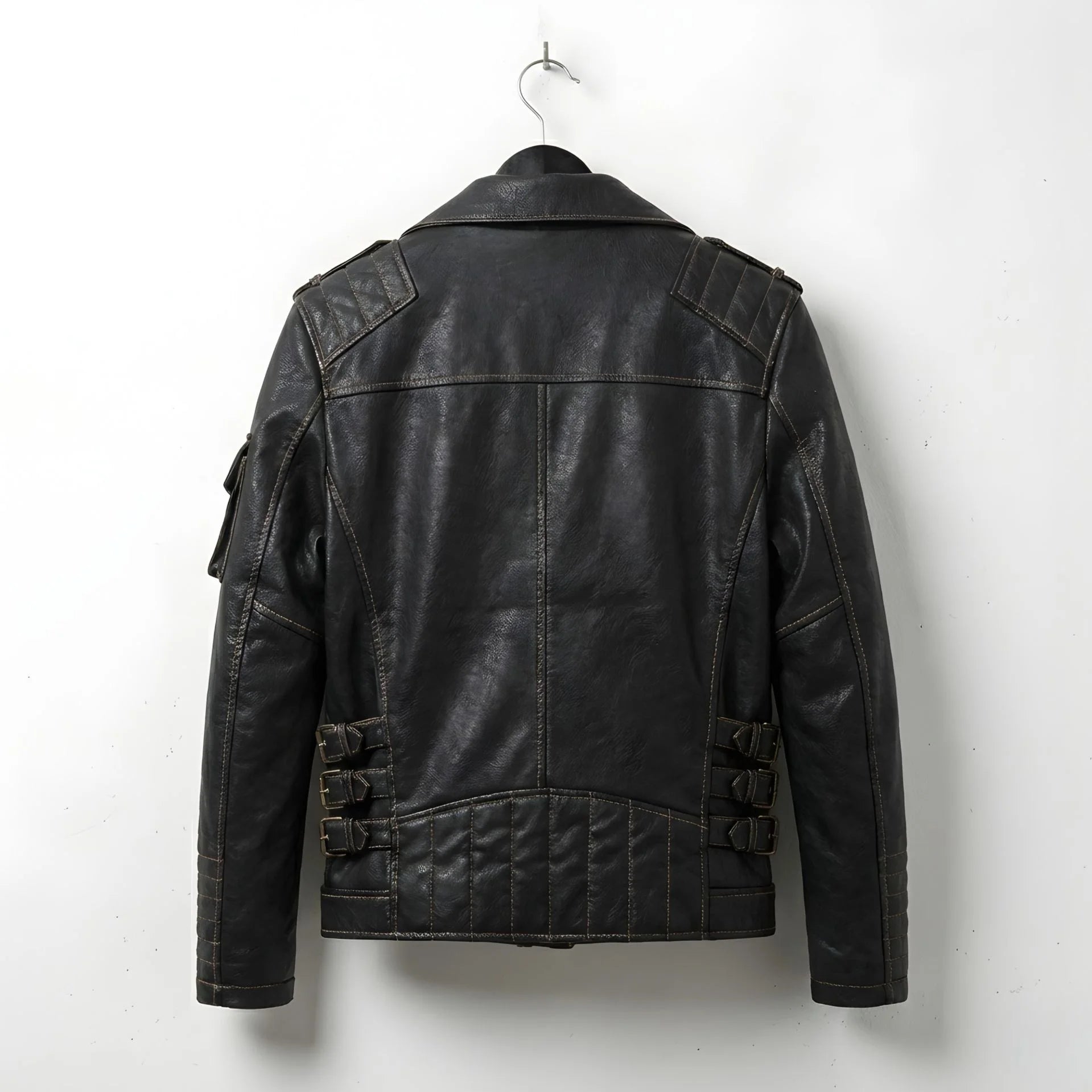back view of men's black leather motorcycle jacket with side buckles and quilted hem