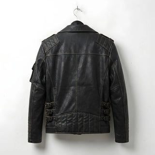 back view of men's black leather motorcycle jacket with side buckles and quilted hem